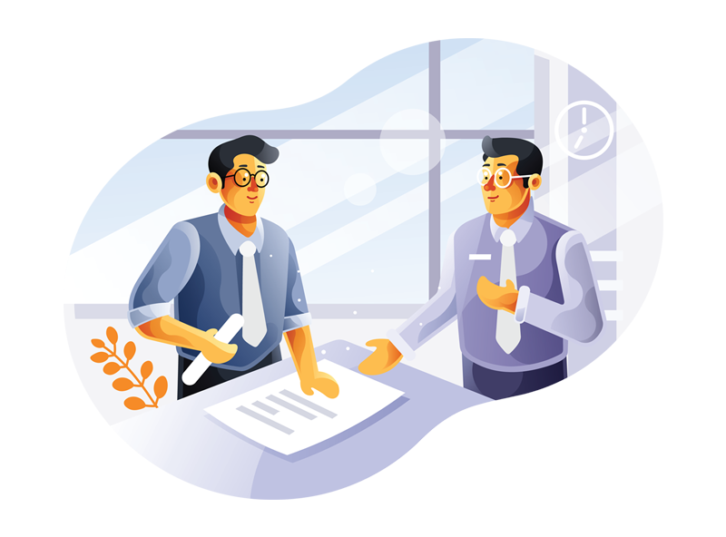 Illustration of two people signing a contract during a meeting